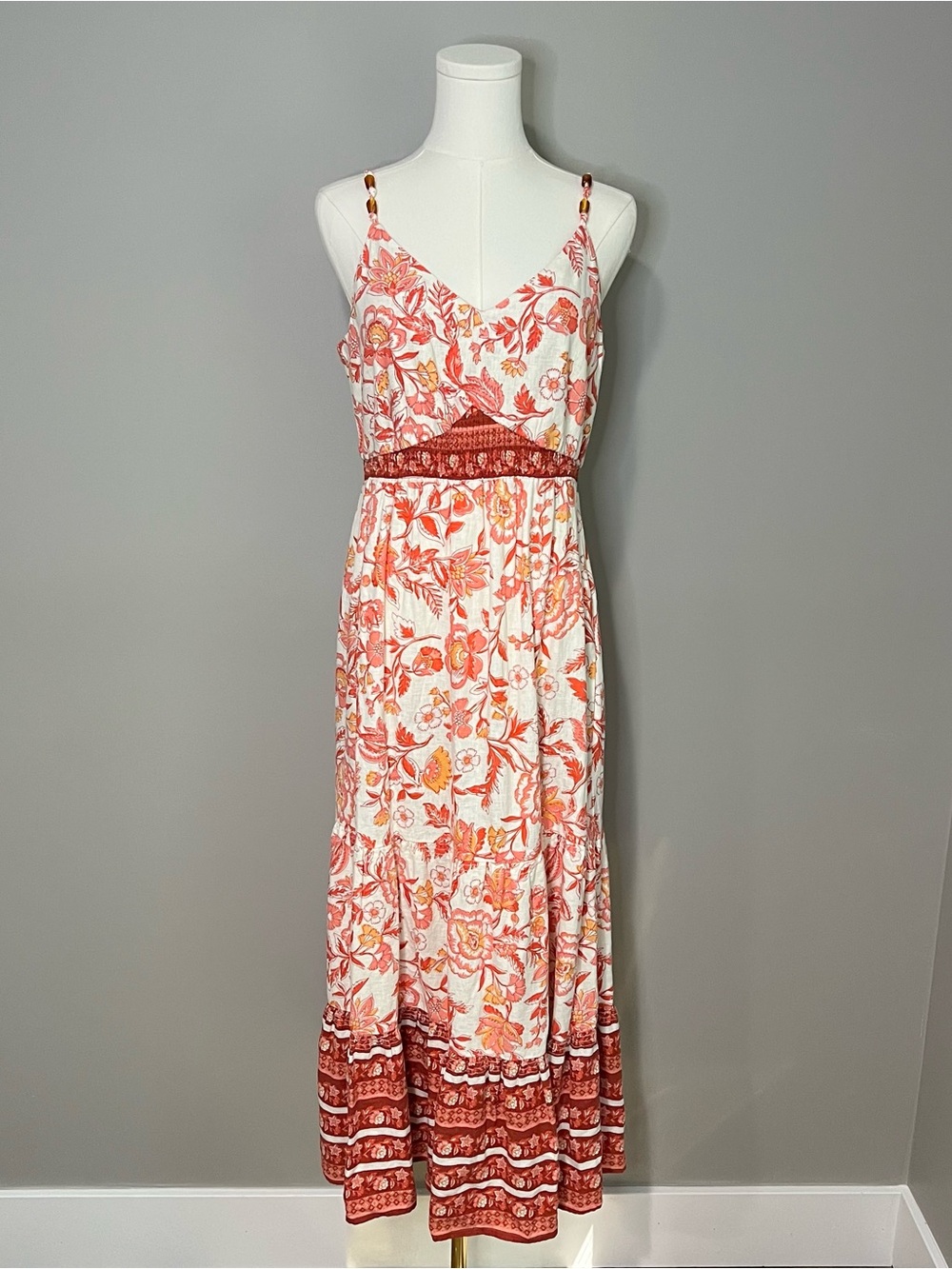 Rachel Zoe Linen Blend Coral Floral Maxi Dress Size S